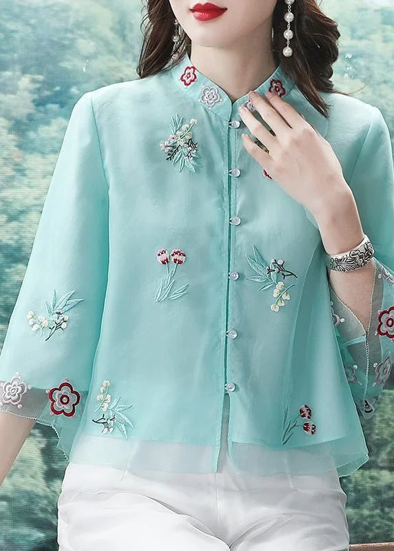 Chinese Style Light Green Stand Collar Embroideried Chiffon Shirts Bracelet Sleeve