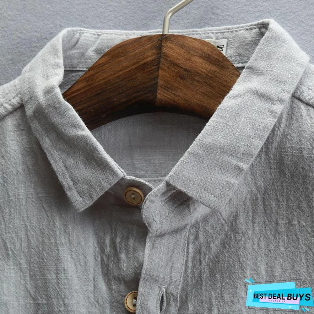 Men Spring/Fall 3/4 Sleeve Loose Turndown Collar Shirts Linen