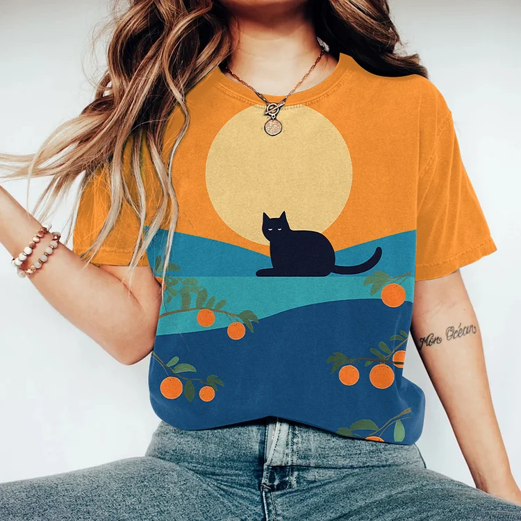 Abstract Creative Cute Black Cat Painting Art T-Shirt