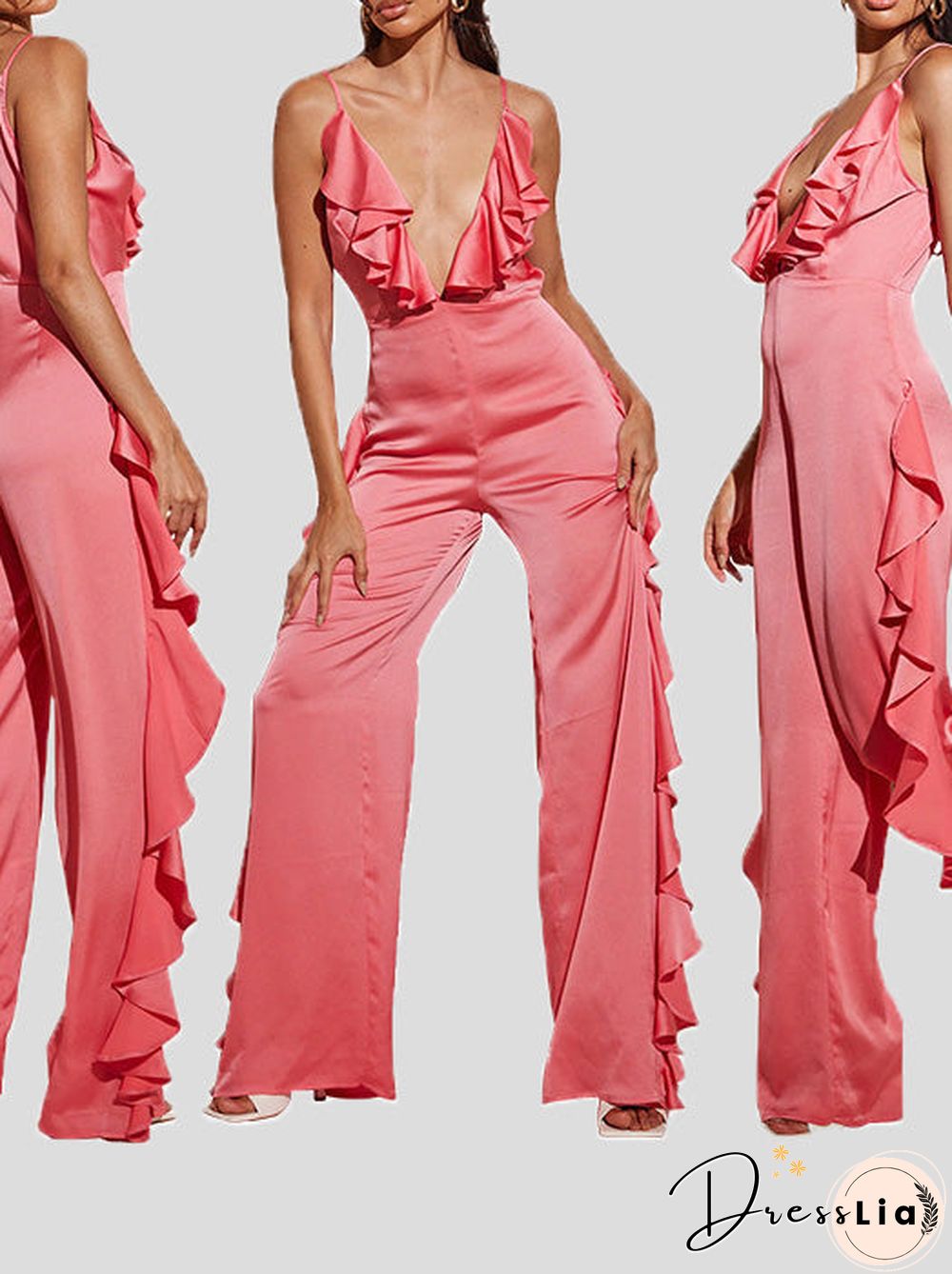 Women'S Jumpsuits Deep V Neck Open Back Ruffle Jumpsuit