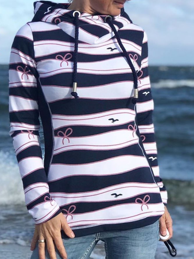 Navy Blue Striped Hoodie Casual Sweatshirt
