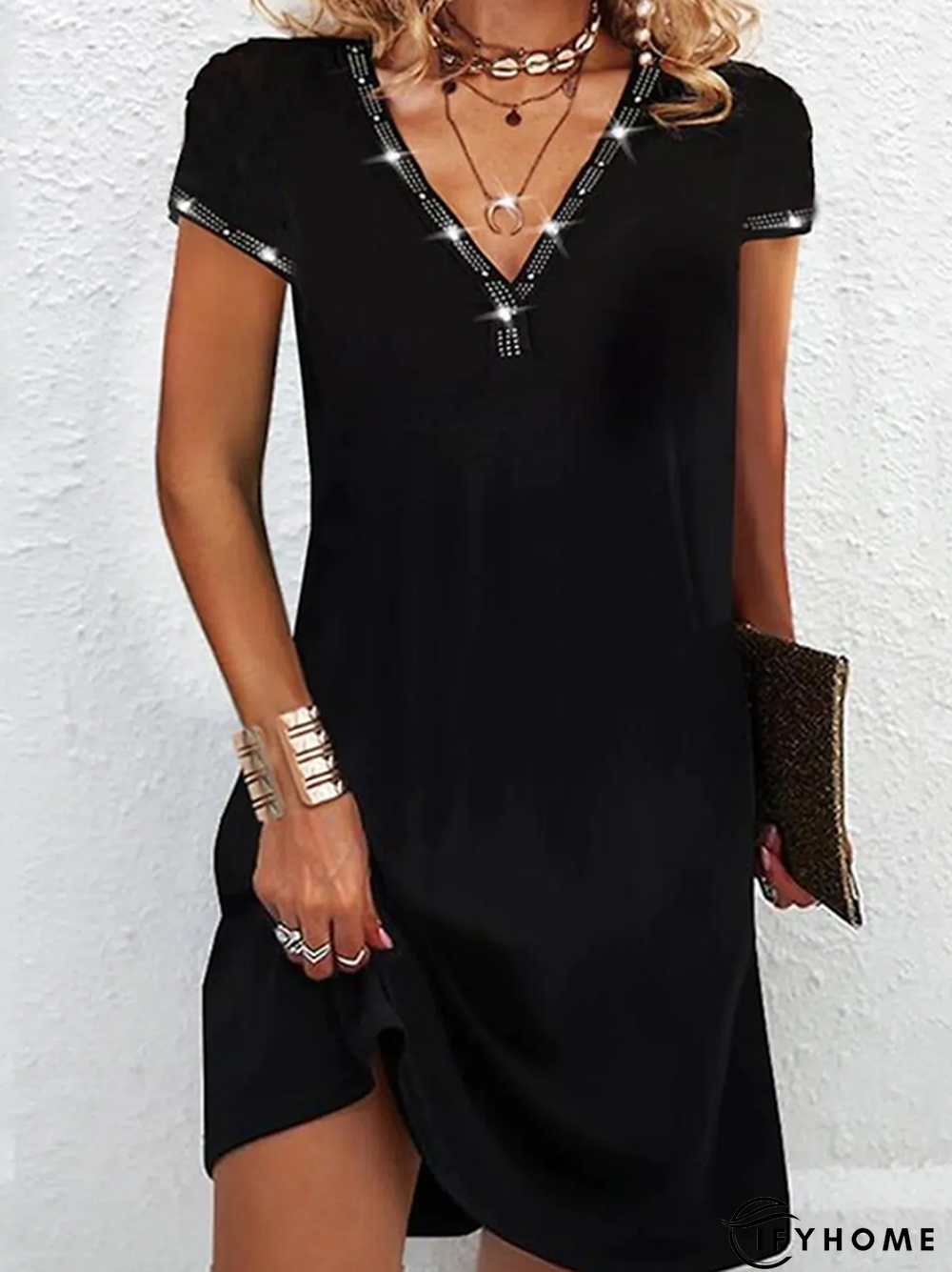Plain V neck Casual Short Sleeve Knit Dress | IFYHOME