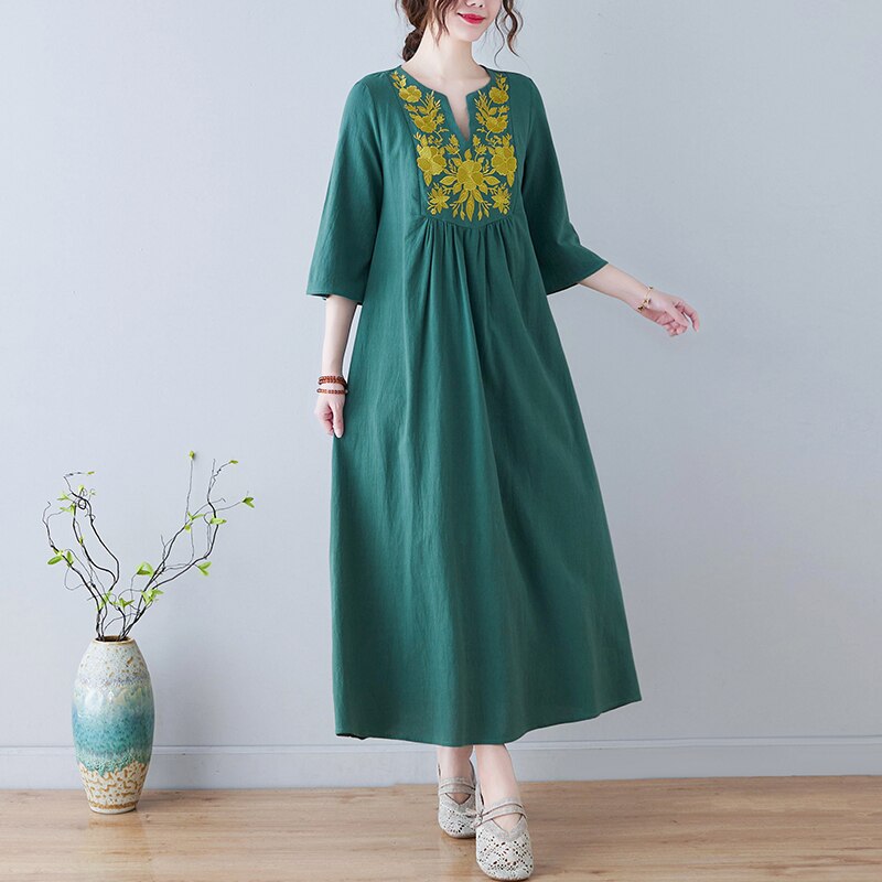 Embroidery Floral Vintage Dress Half Sleeve Loose Spring Summer Dress 2021 New Arrival Plus Size Long Women Travel Casual Dress