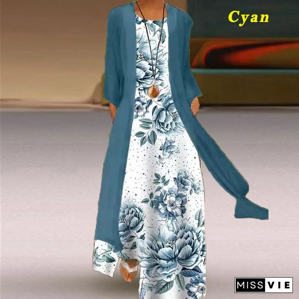 2 Pieces Fashion Set Women Round Neck Sleeveless Dresses with Long Sleeve Pure Color Transparent Coat Ladies Elegant Party Dresses Floral Print Full Length Maxi Dresses Long Cardigans