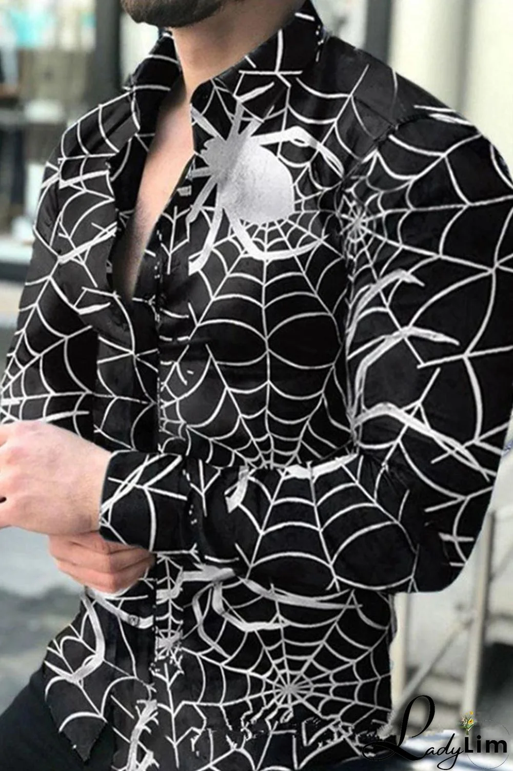 White Fashion Print Split Joint Buckle Turndown Collar Tops