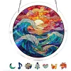 (18.5cm)DIY Acrylic Jigsaw Puzzle Window Hanging with Hanging Chain DIY Stained Glass Decoration Round Window Puzzle Decor for DIY Craft Project (Stained Glass Sea Wave)