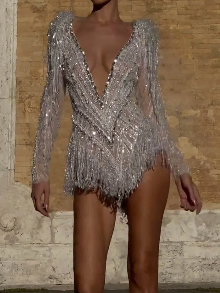 Shiny Sequinned Flower Long Sleeves Deep-V Neck Ruffled Mesh Mini Dresses Party Dresses