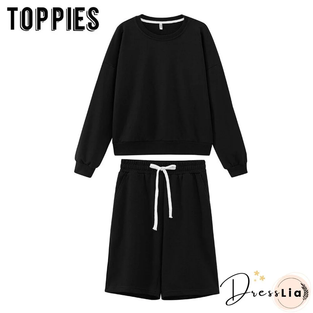 toppies Women Two Piece Set Tracksuits O-neck Sweatshirts Elastic High Waist bermuda shorts solid color