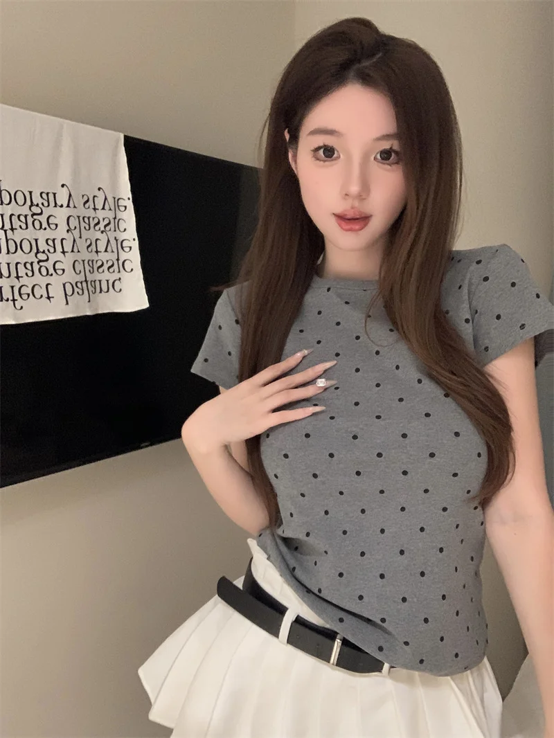Brownm Brownm Polka Dot Round Collar Short Sleeved T Shirt Women's Wear 2024 Summer Short Slim Show Thin With Casual Student Top