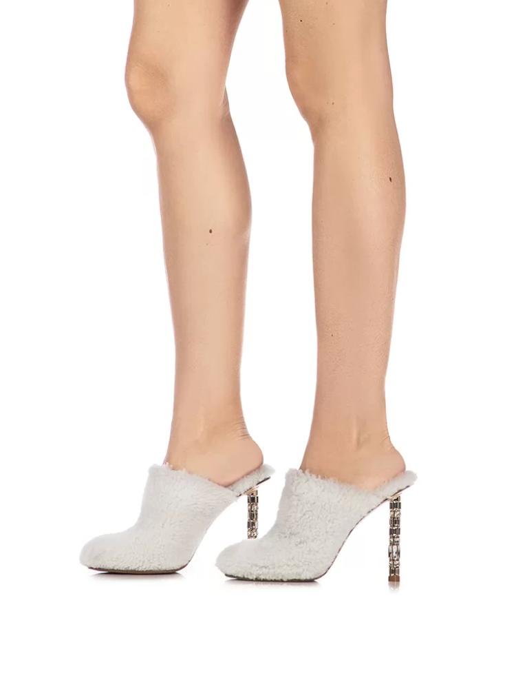 Fashion White Sheepskin Fur Round-Toe Silver Stones Embellished Stiletto Heel Pumps Slip-On Mules