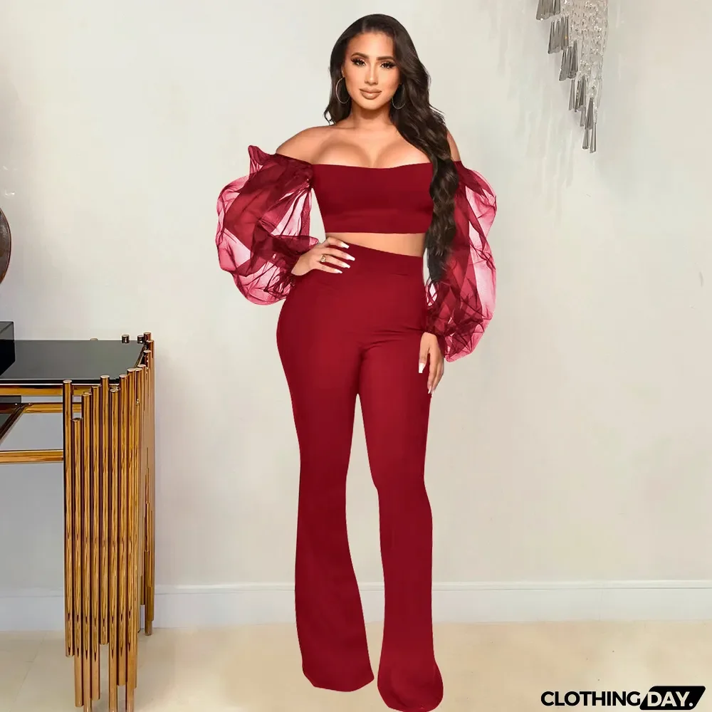 Sexy Off Shoulder Organza Sleeve Two Piece Pants Sets