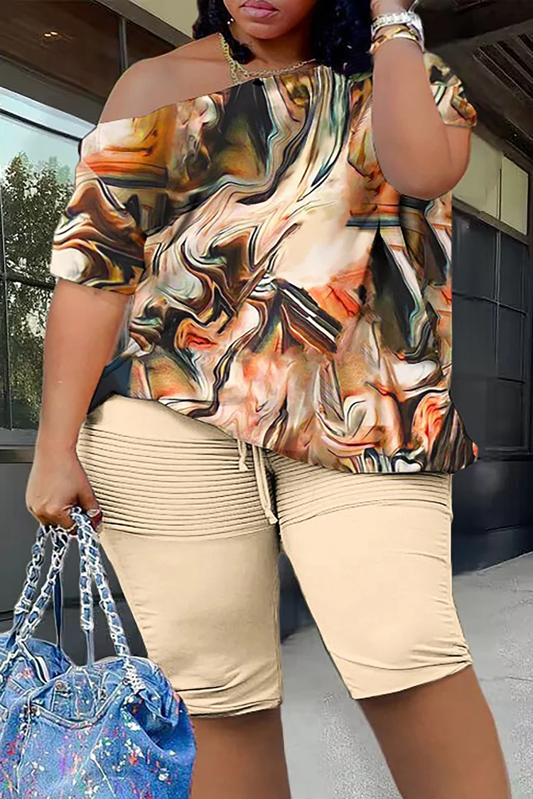 Plus Size Apricot Casual Marble Print Short Sleeve Skew Neck Two Piece Short Sets