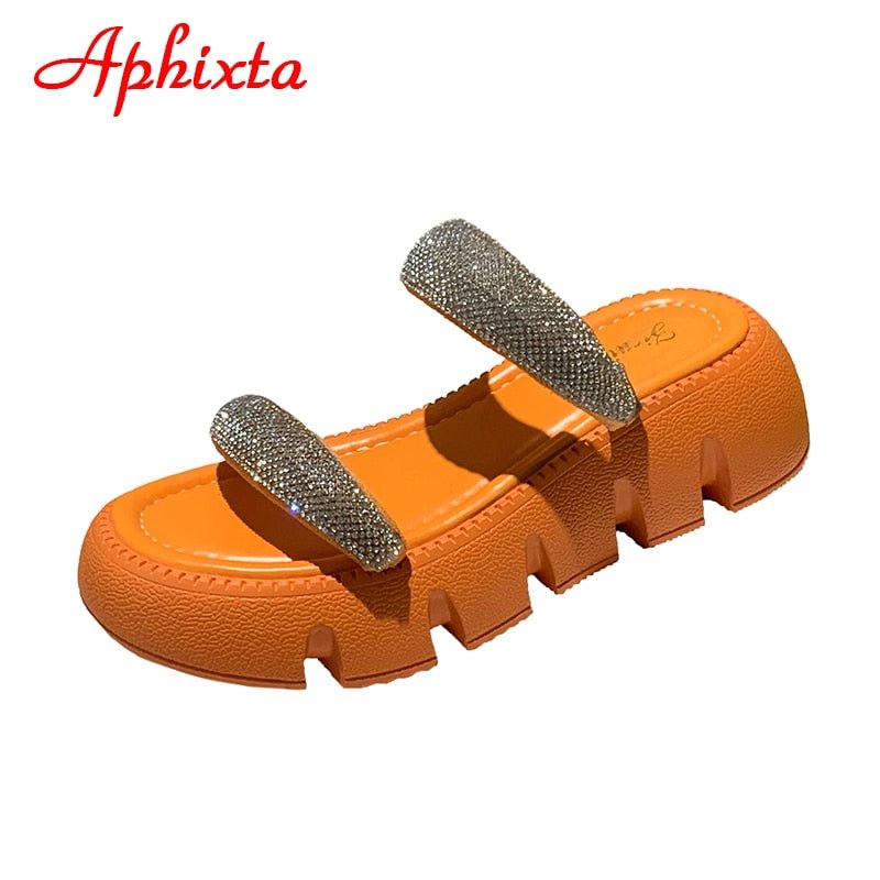 Aphixta 2022 New Summer Flat Platform Orange Slippers Women Sandals Luxury Crystals Shoes 5cm Chunky Sole Cool Slides