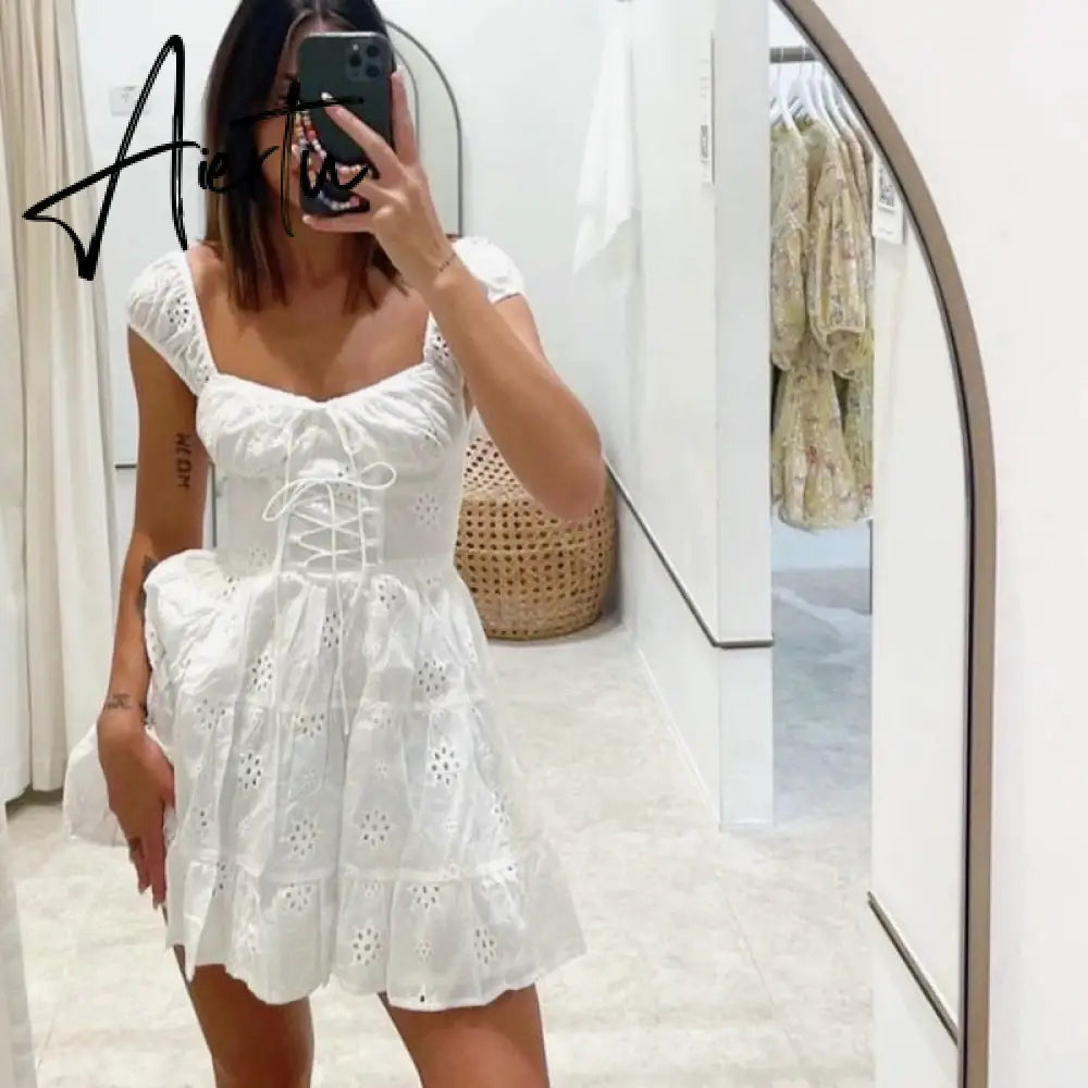 Women White Lace A-line Dress Solid Color Short Sleeve Square Neck Bandage Ruffle Dress Summer Fairycore Y2K Bohemian Dresses Aiertu