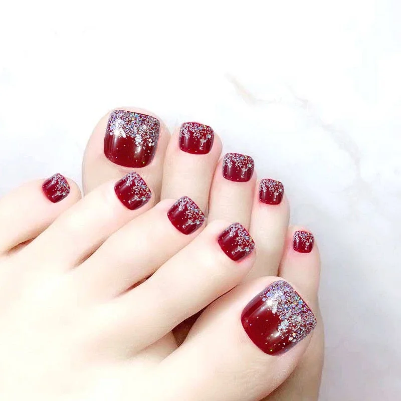 Short False Toenails Full Cover Press On Toenails Artificial Feet Nails Women Girls Glitter Crystal Design  Toe Nail Art Tool-Nail Inspo