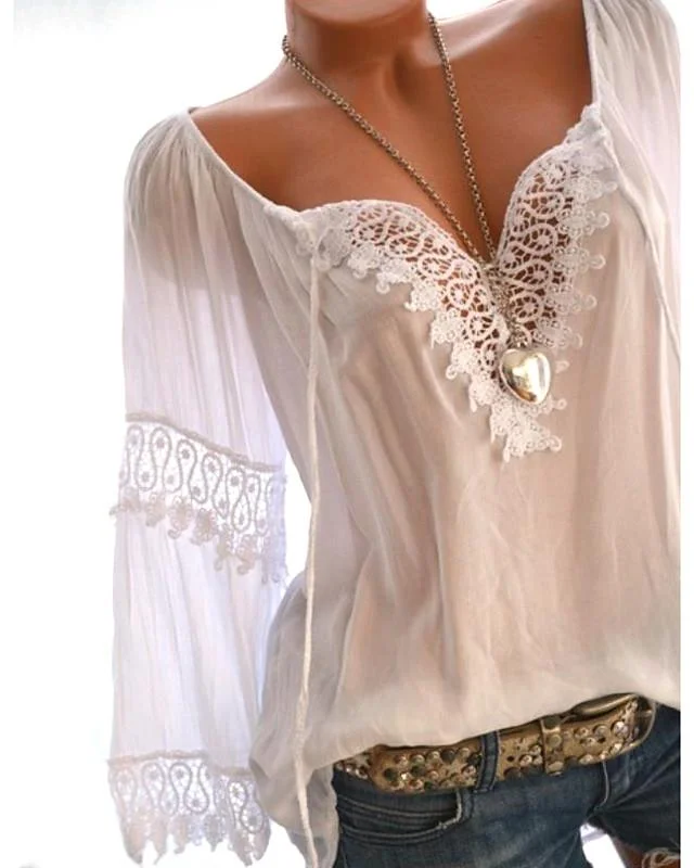 Women's Plus Size Blouse Shirt Color Block Geometric Sexy Long Sleeve Lace Fashion Hollow V Neck Tops Basic Top White Black Red-804