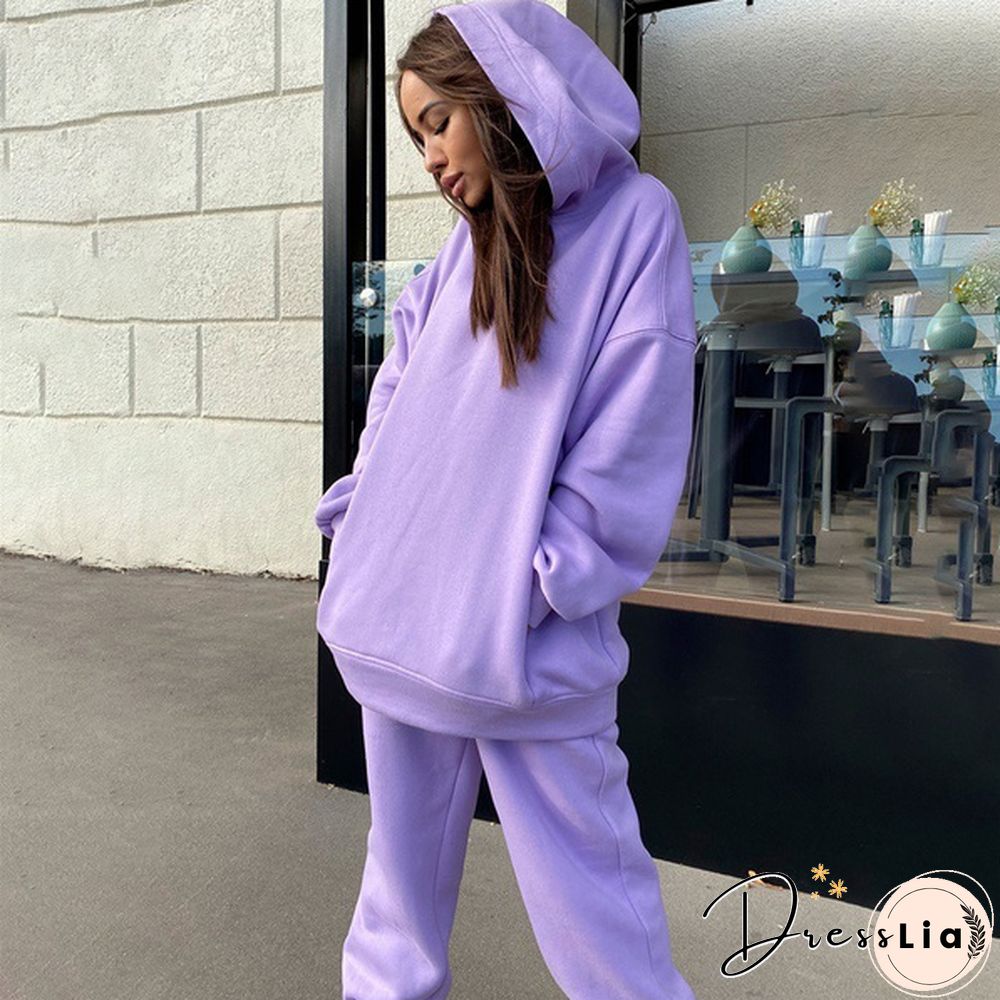 Women Hoodies Two Piece Set Long Sleeve Solid Casual Pocket Sweater Suit Spring Elastic Sport Pants Female Tracksuit