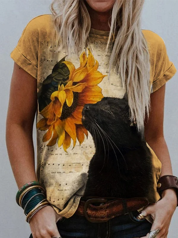 Comstylish You Are My Sunshine Sheet Music Black Cat & Sunflower T Shirt