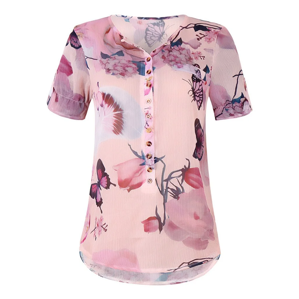 Summer 2019 Fashion Casual Button Chiffon Tops Blouse Printed Tee Top Female Womens Short Sleeve Shirt Blusas Femininas Clothing