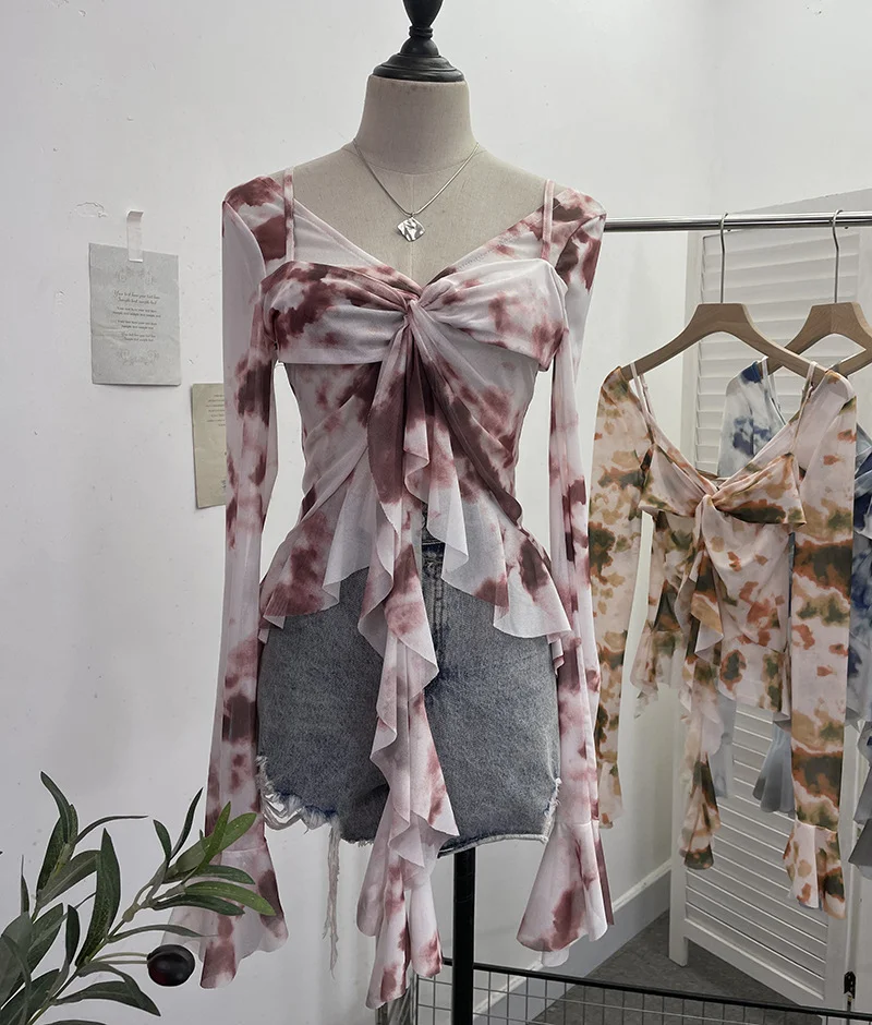 Uveng Irregular Kinking Of The Net Yarn Irregularly Kinked Lotus Lobe Slings Shoulder Horn Sleeve T-Shirt Short Top 2618