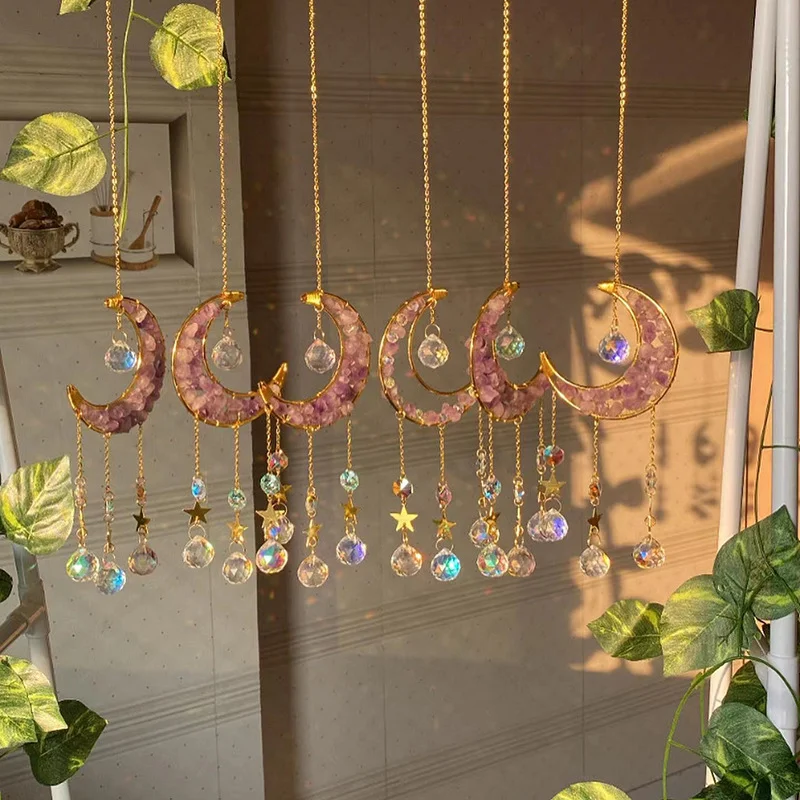 Natural amethyst crescent decorative air plant stand colored lights jewelry gardening crafts living room crystal pendant