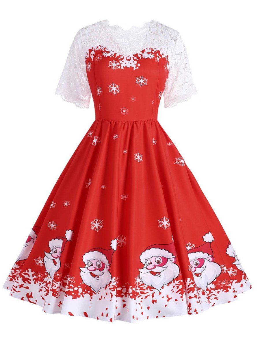 Women's Christmas Dress Lace Patchwork Snowflake Print Short Sleeve Swing Dresses