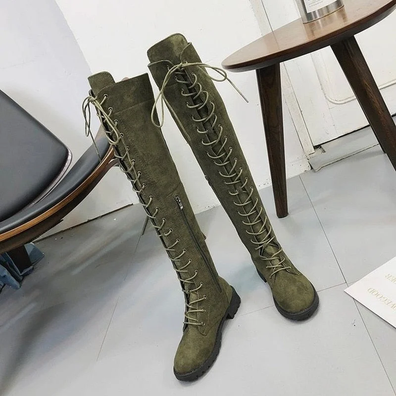 comemore New Sexy Women's Winter Boots Thigh High Boots Lace Up Rubber Female Shoes Rome Style Over The Knee Long Boot for Women