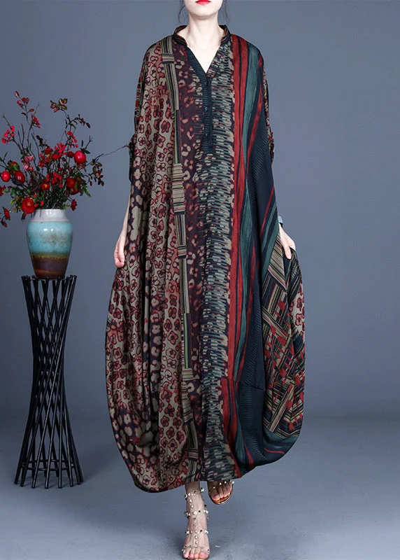 Cozy Red V Neck Print Silk Long Dress Batwing Sleeve