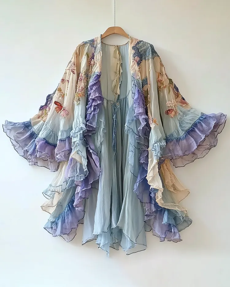 Contrast Color Butterfly Beaded Irregular Cardigan 358f