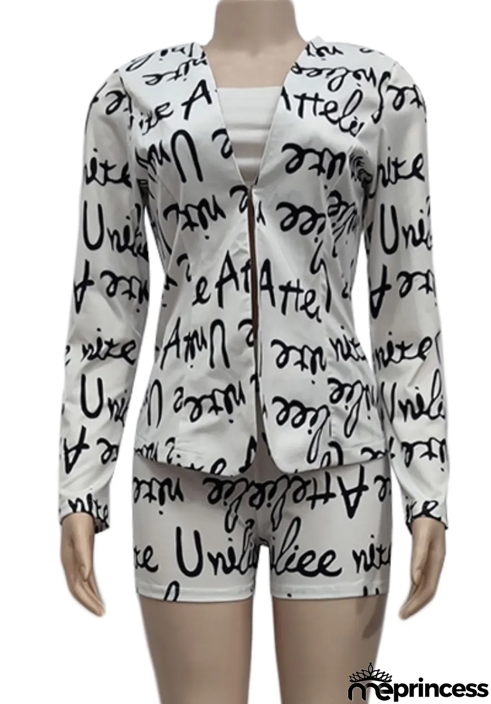 Autumn Pirnted White Long Sleeve Blazer and Matching Shorts Set