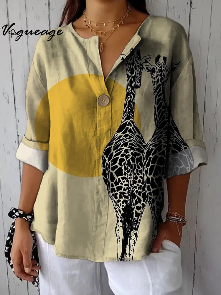 Simple Sunset Black And White Giraffe Printed Cotton And Linen Shirt