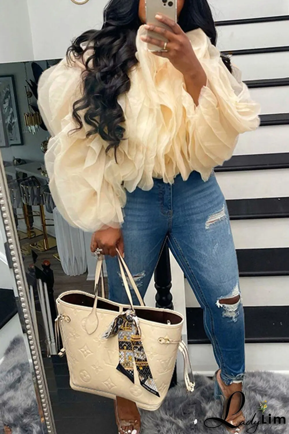 Beige Fashion Casual Solid Patchwork Flounce O Neck Tops