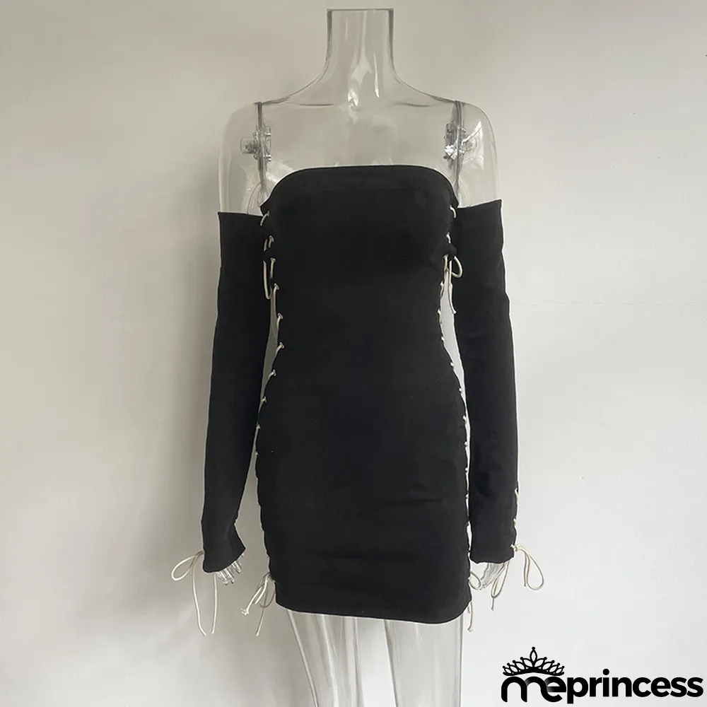 Summer Solid Color Strapless Lace-Up Club Dress With Sleeves