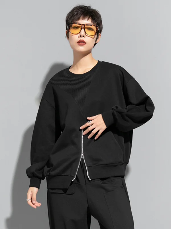 Fashion Roomy Split-Front Zipper Round-Neck Sweatshirt Tops