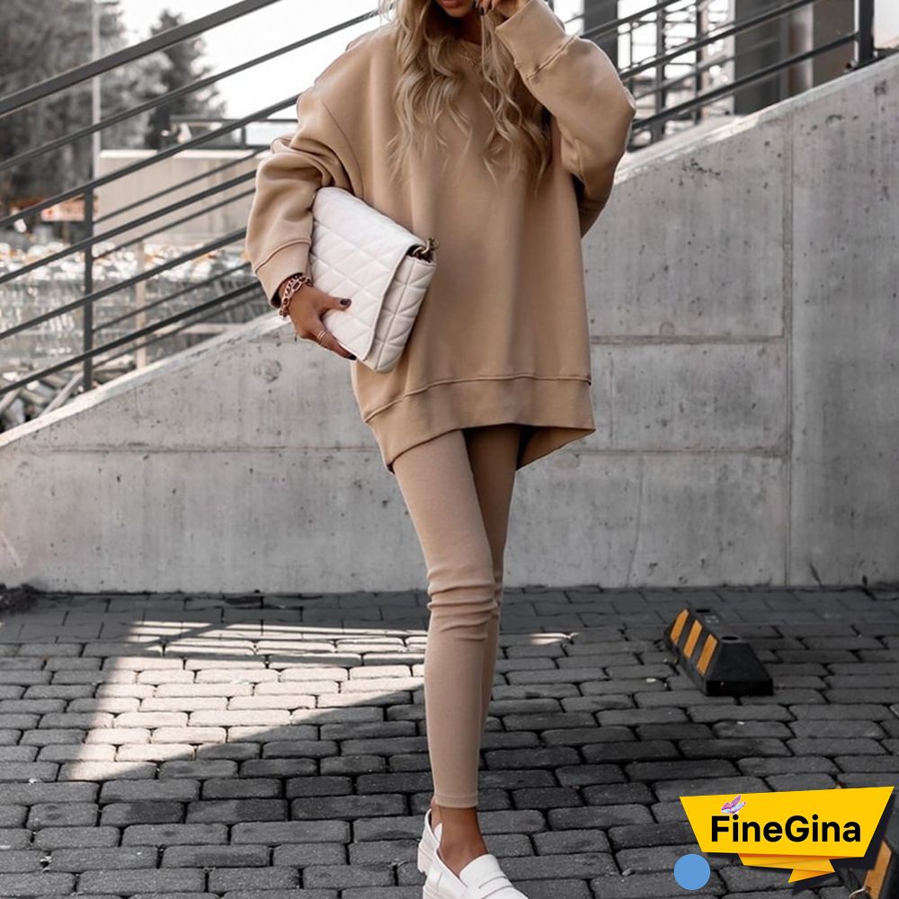 Women Casual 2 Piece Sets Fall Long Sleeve O Neck Loose Pullover Sweatshirt And Slim Pants Set Ladies Fashion Solid Sports Suit