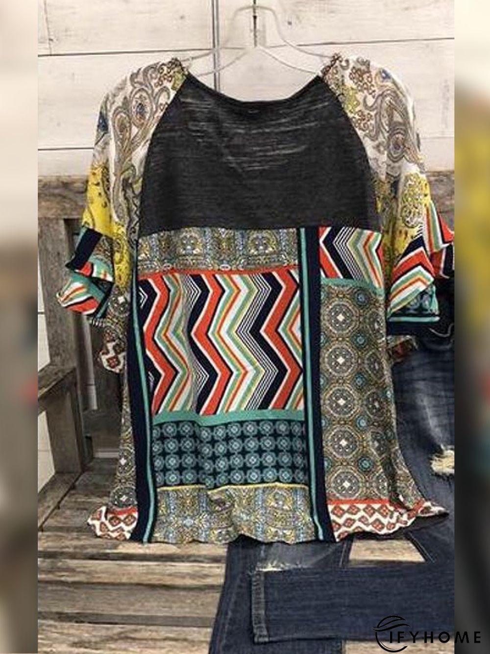 Paisley Short Sleeve Printed Cotton-blend Crew Neck Vintage Summer Deep Gray Top | IFYHOME