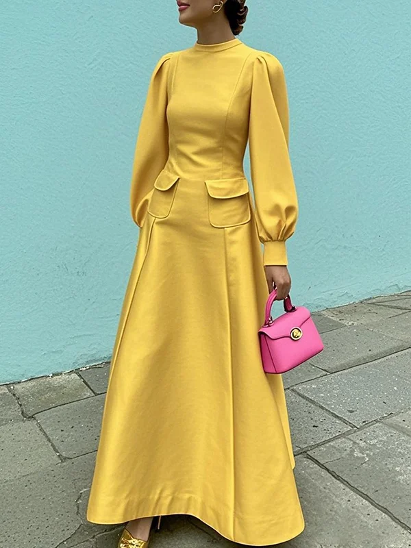 Pleated Pockets Solid Color A-Line Long Sleeves Mock Neck Maxi Dresses