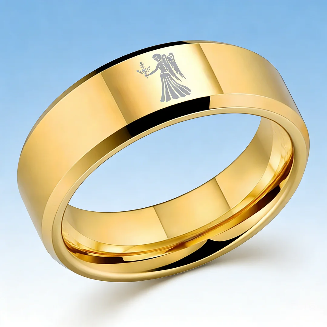 Beveled Edges Gold Laser Etched Tungsten Carbide Rings Gold Virgo Couple Wedding Band 4MM 6MM 8MM Width