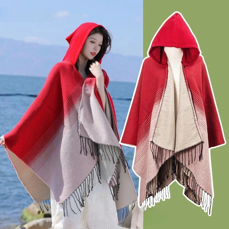 Ethnic Style Hooded Cape Women’s Yunnan Tibet Western Sichuan Grassland Bohemia Travel Wear Scarf Coat
