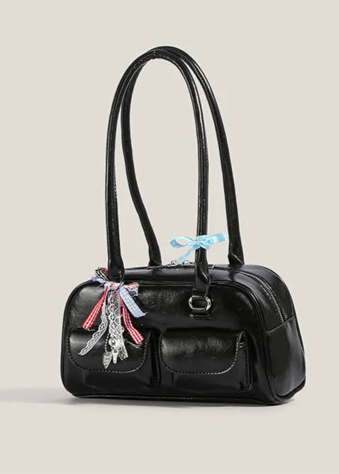 Violetta &ndash; Patent Shoulder Bag with Double Pocket & Ribbon Charms