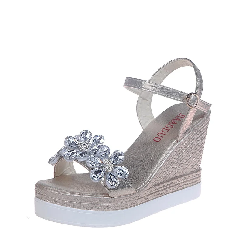 Lucyever Crystal Flower Platform Sandals Women 2021 Summer Fashion Ankle Strap Wedge Sandalias Mujer Gold Silver Party Shoes
