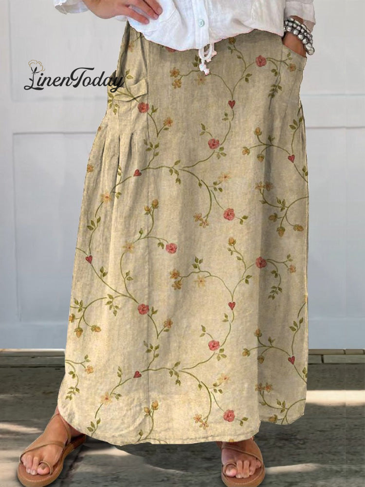Women’s Retro Floral Art Linen Pocket Skirt Multicolor / S