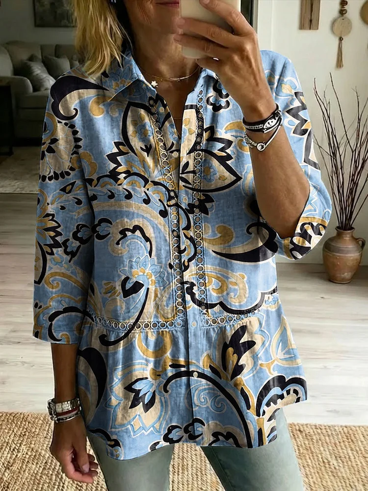 Floral Flowers Art Patterns Casual Patchwork Openwork Webbing Linen And Cotton Shirt