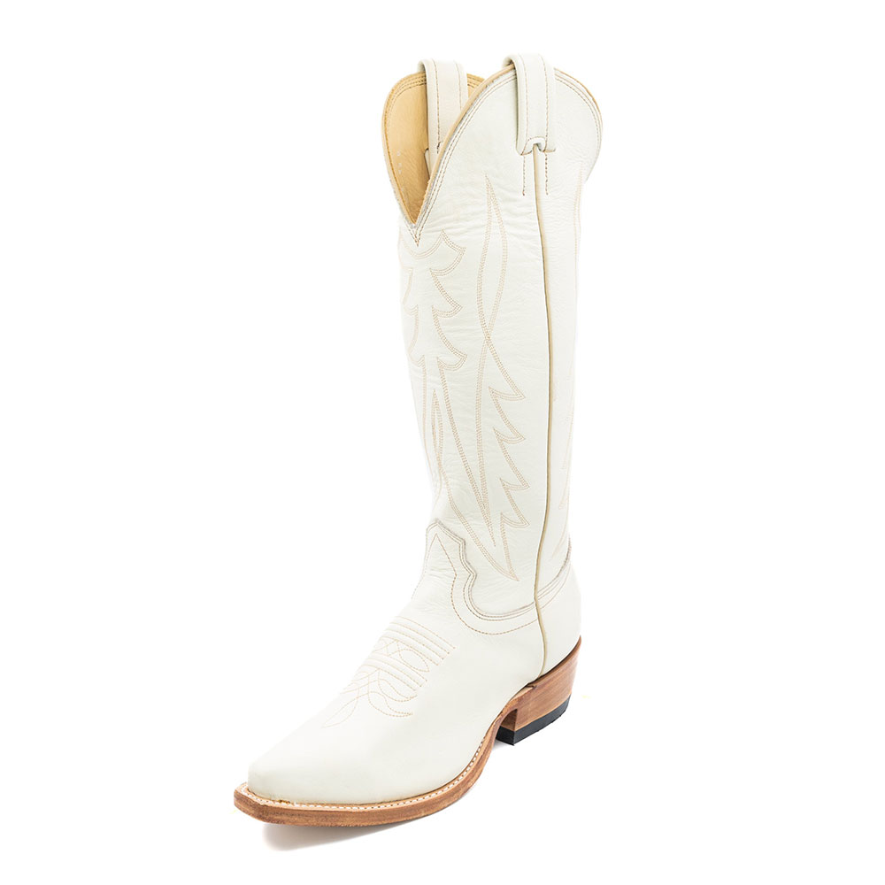 Ivory Snip Toe Chunky Heel Knee-High Cowgirl Boots with Stitching Nicepairs