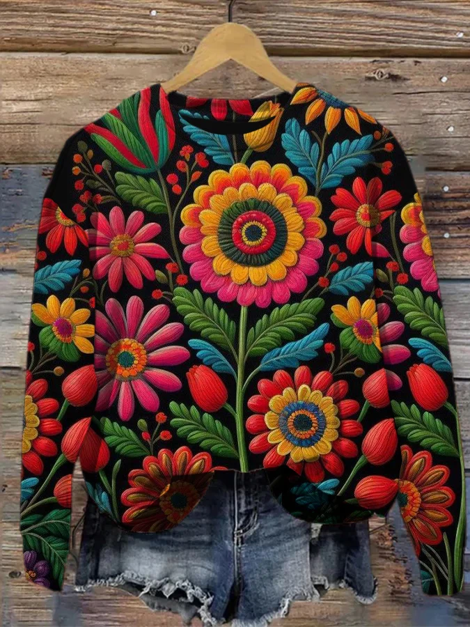 Women's Multicolor 3D Floral Flower Pattern Print Sweatshirt