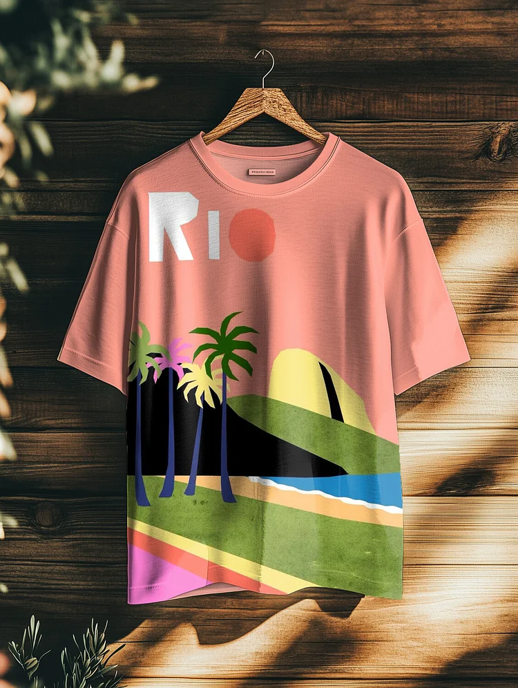Men's Tropical Plants Seaside Vacation Scenery Print Casual T-Shirt