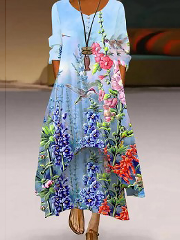 Floral And Bird Print Round Neck Long Sleeve Dress