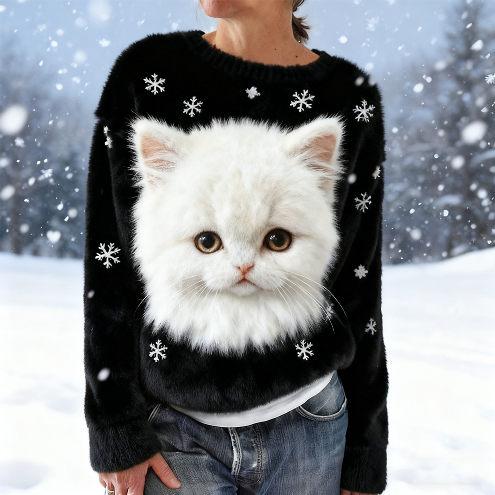 Cute Cat & Snowflake Embroidered Cozy Plush Sweatshirt elevenforest