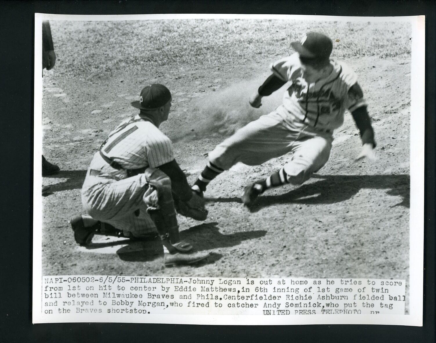 Johnny Logan & Andy Seminick 1955 Press Photo Poster painting Milwaukee Braves Phillies