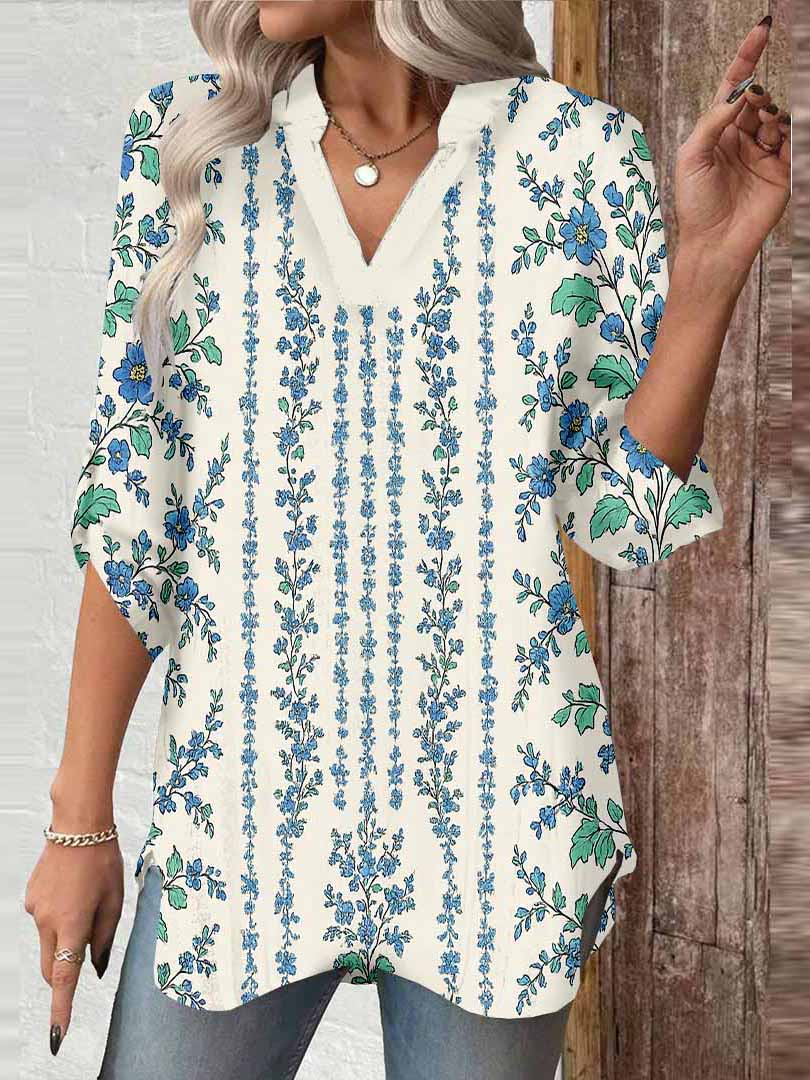 Women Floral, Beige, Blue DZGA0132 3/4 Sleeve V-neck Printed Graphic Button Tops